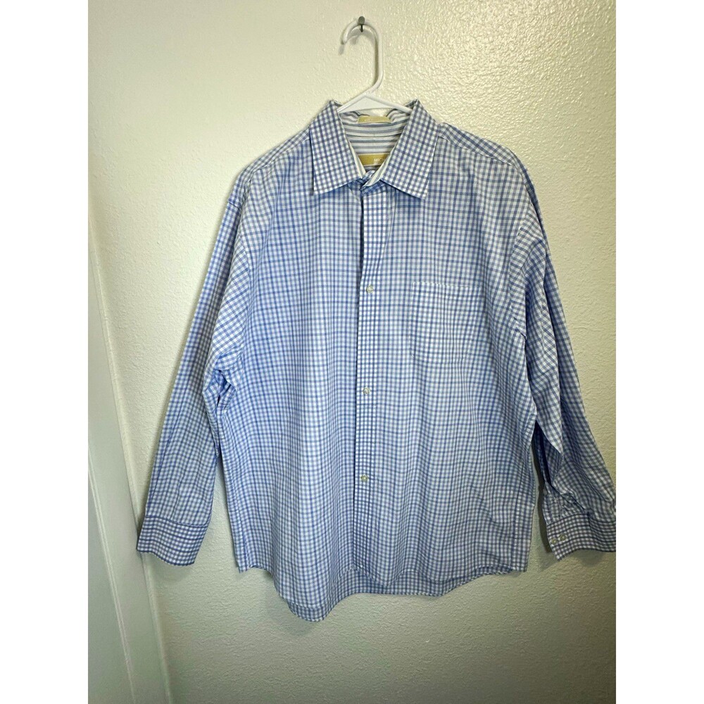 Michael Kors Men's XL Blue White Check Long Sleeve Button-Up Shirt